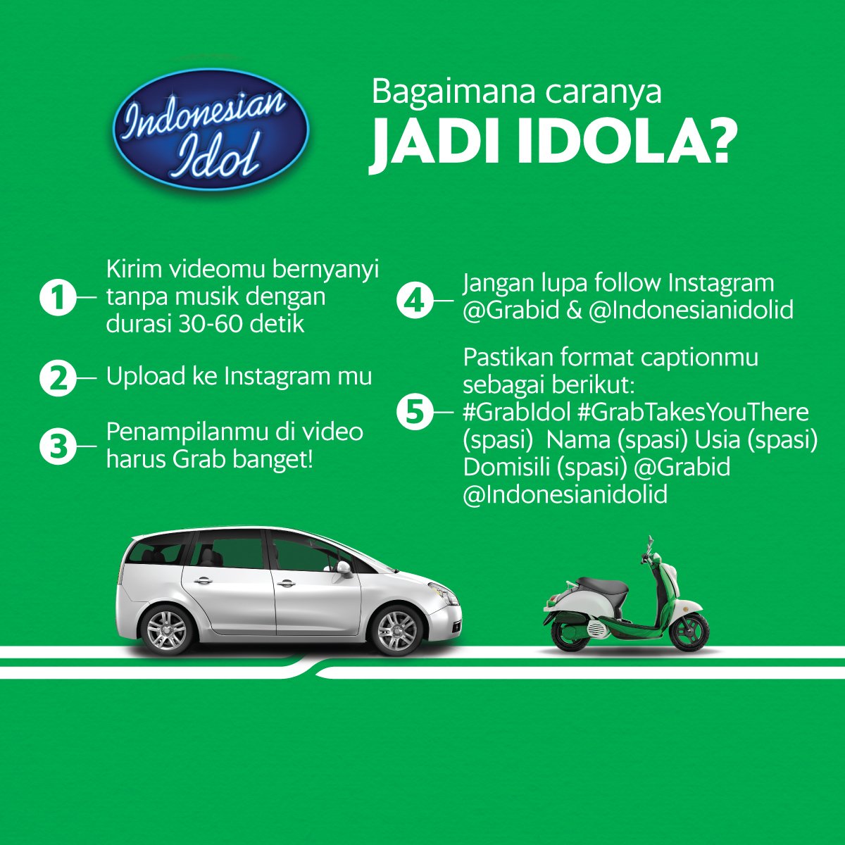 OfficialRCTI's tweet photo. Mitra GRAB BIKE &amp; GRAB CAR, sudah upload video nyanyi kalian ke sosmed? Ayo, upload sekarang juga &amp; menangin hadiah JUTAAN RUPIAH!

Will you be the next GRAB IDOL? 
@GrabID #IdolaMitraGrab #IndonesianIdol #GrabTakesYouThere https://t.co/2UKjpuRho2