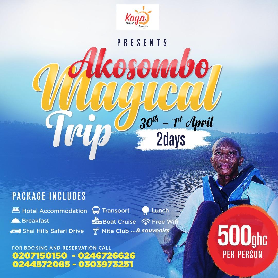 The much awaited #AkosomboMagicalTrip with #KayaTours 🇬🇭 This Friday - Sunday (2days)🗓📌

#Free

#HotelAccommodation🏩 #Transport🚌 #Lunch 🍱#Breakfast 🍳

Reservation Hotline 0207150150/0246726626 

#KayaTours #KayaWalkers #MrTourism #GhanaTourism #AfricanTourism #SeeGhana