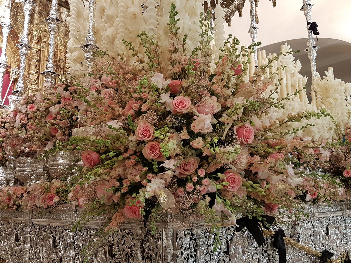 El paso de la Stma. Virgen de la Esperanza ya luce con el exorno floral.

El exorno floral esta compuesto por: Delphinium, Rosas Pink Mondial, Rosas Geraldine, Rosas spray, Dendrobio, Retama, Paniculata, Magnolia Skeleton con pan de oro, Helecho Jericó.