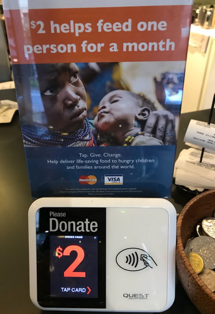About time #charity caught up with the #cashless society. Great job <a href="/WorldVisionAus/">World Vision AUS</a> <a href="/QuestPaymentSys/">Quest Payment Systems</a>. 10% transaction fee though? Surely that could be lower. #fintech #payments