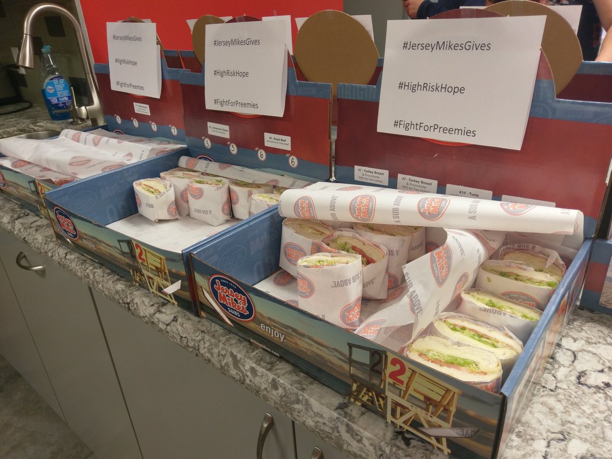 PatDonovanRadio's tweet photo. Huge thanks to our friends at @jerseymikes for dropping by with some subs today! Today is there #DayofGiving, and 100% of their proceeds today go to local charities, so stop by for dinner like I'm going to! #JerseyMikesGives #HighRiskHope #FightForPreemies https://t.co/TdnAy6GJeY