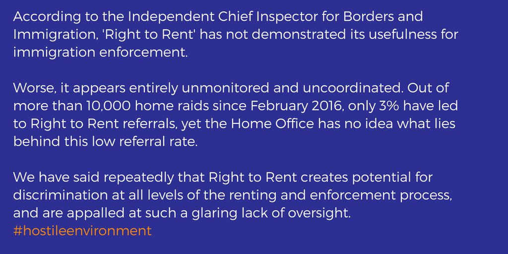 #ICIBI report on #RighttoRent is out, confirms the policy is ineffective. Also raises massive red flags: a policy with huge potential for discrimination is not being monitored at all! 
gov.uk/government/pub…
Scrap #RighttoRent and end the #hostileenvironment