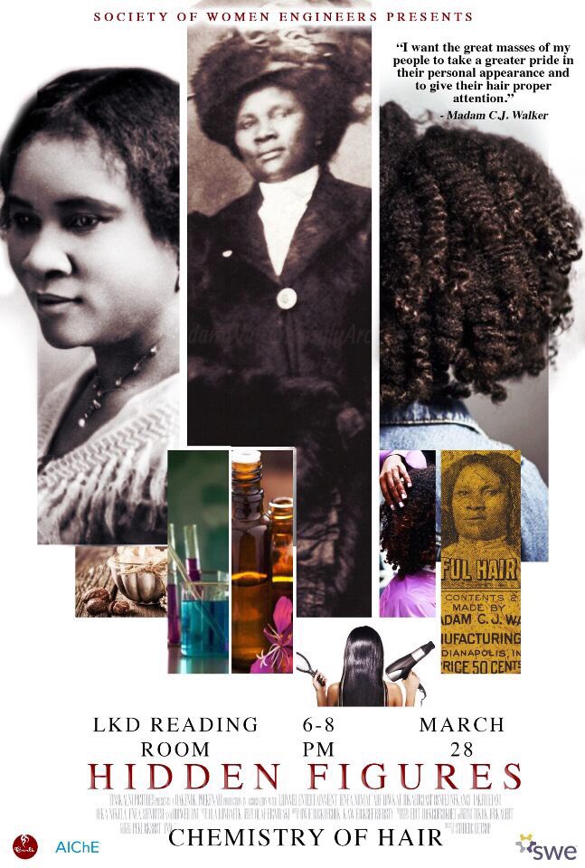 huswe_'s tweet photo. Madame C.J. Walker was the first Black woman millionaire in America and invented a line of African-American hair products. 

Join SWE, AiChE, and Curls on Wednesday to talk about the history of our hair and grab a few Curls products! https://t.co/AGmzE0oR6J