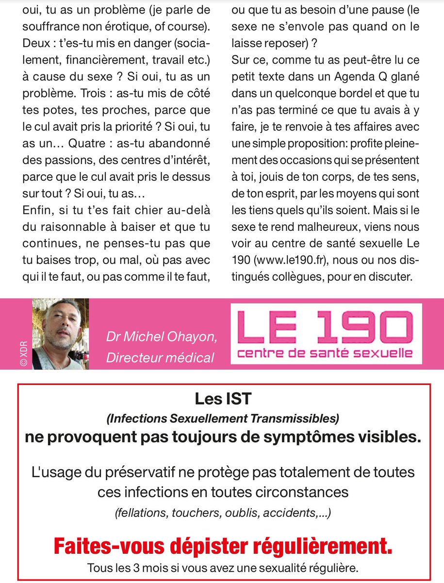 Le190_Paris's tweet photo. Nouvelle chronique santé du Dr Michel Ohayon dans le @AgendaQ d’avril 2018 sur le thème des addictions : « Ouais , moi j’suis addict! Mais à quoi au fait! ». #Le190 https://t.co/jKE1sxCGeS