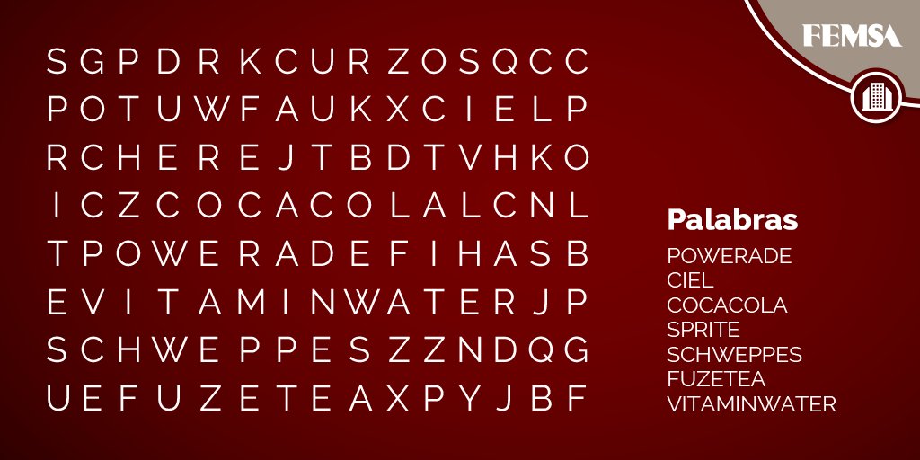En Coca-Cola FEMSA ofrecemos un amplio portafolio de 169 marcas multi-categoría de bebidas, ¿cuántas puedes encontrar en esta sopa de letras? #NegociosFEMSA