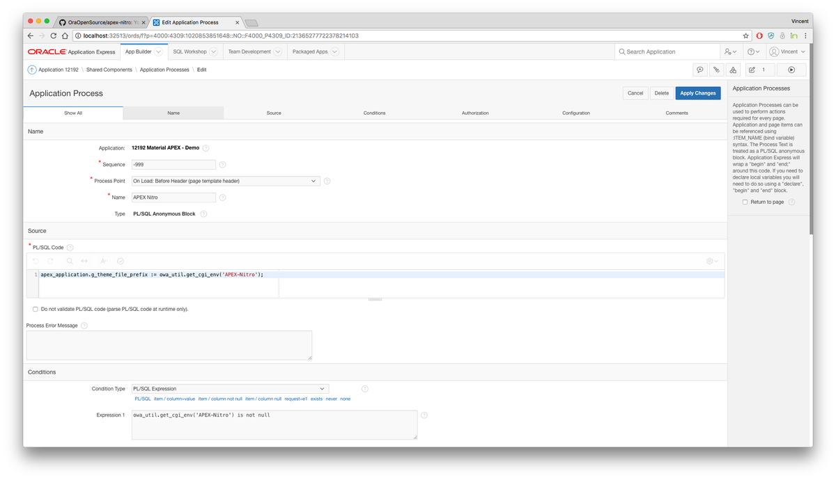 TalanOracleTech's tweet photo. APEX Nitro Tip #4: Application Setup
Before launching #APEXNitro, it needs to connect to an #orclapex app. An Application Process enables the connection:
apex_application.g_flow_images := owa_util.get_cgi_env('APEX-Nitro');
https://t.co/h2N0dCoEDs… https://t.co/rxLCUqwfuZ