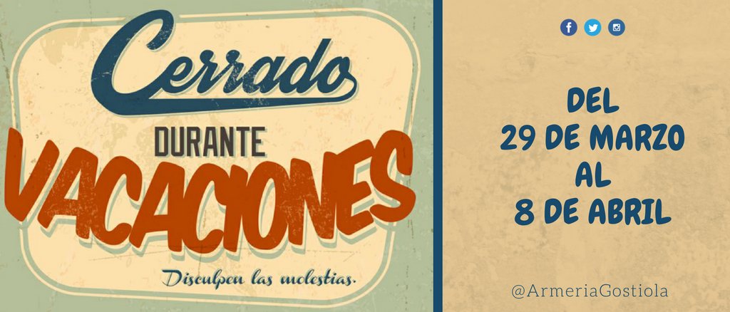 🎊🌞 CERRADO POR VACACIONES | A partir de mañana y hasta el día 9 de abril, Armeria Gostiola permanecerá cerrado. Tan sólo estará activa la sección de consultas en la dirección de correo electrónico de siempre: consultas@armeriagostiola.net

¡Disfrutad de las vacaciones!