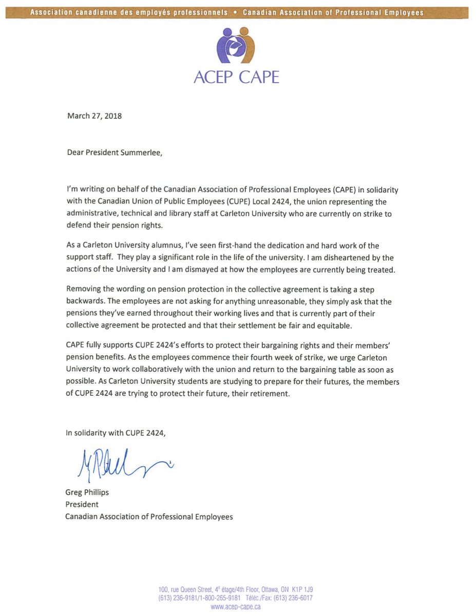 CUPE2424's tweet image. OPEN LETTER: Carleton alumnus and @cape_acep President Greg Phillips writes to Interim @CU_President Alastair Summerlee: ‘Removing the wording on pension protection in the collective agreement is taking a step backwards.’ #canlab #carletonstrike #cupe2424