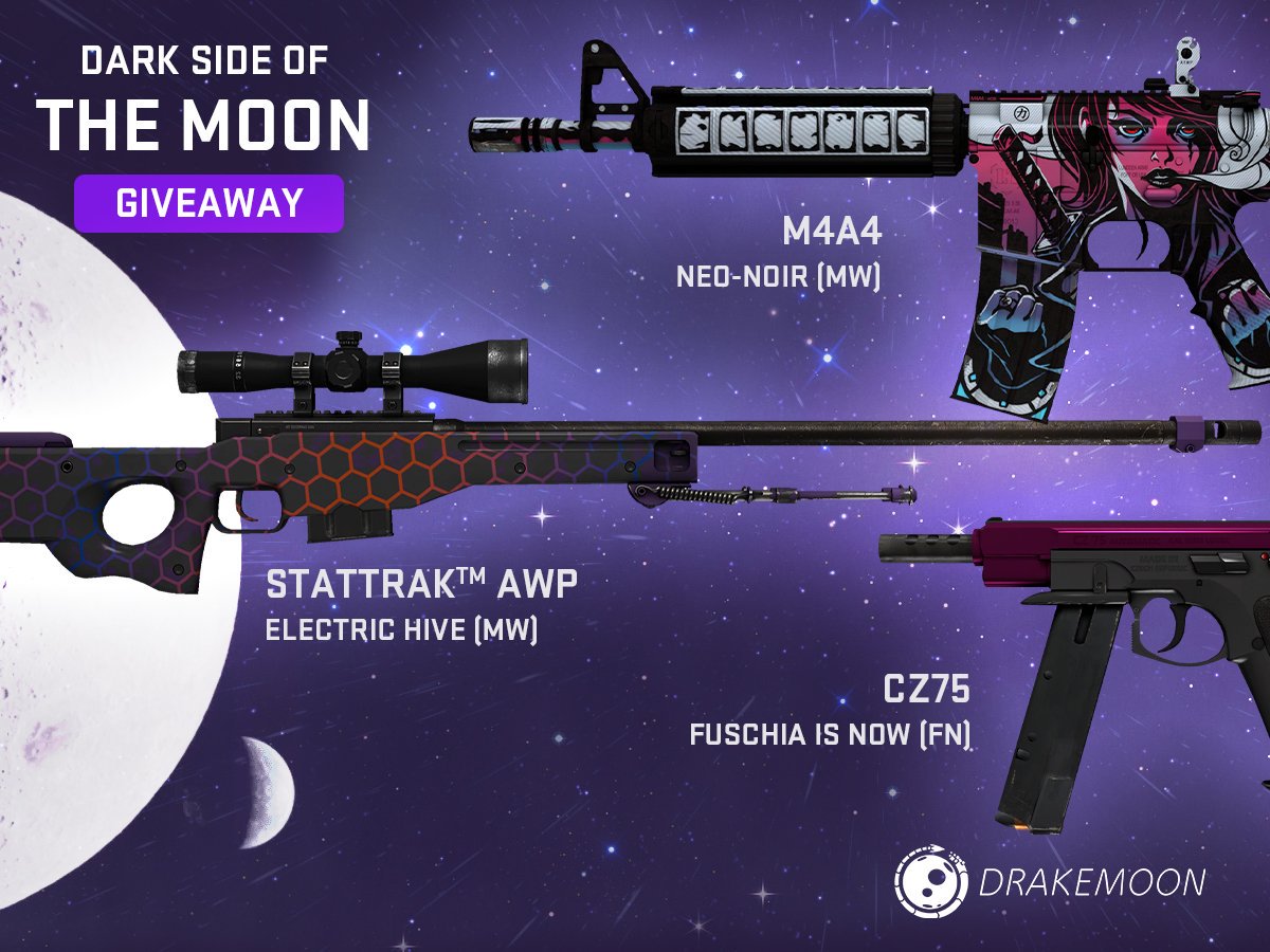 DARK SIDE OF THE MOON GLEAM GIVEAWAY!🌑🔥
Join now - gleam.io.convey.pro/l/2Pzpobp
You have a chance to win:
1. M4A4 Neo-Noir MW
2. StatTrak™ AWP Electic Hive MW
3. CZ75 Fuschia is Now FN
LIKE +  RT to WIN! #DrakeMoonArmy by #DrakeMoon via @c0nvey