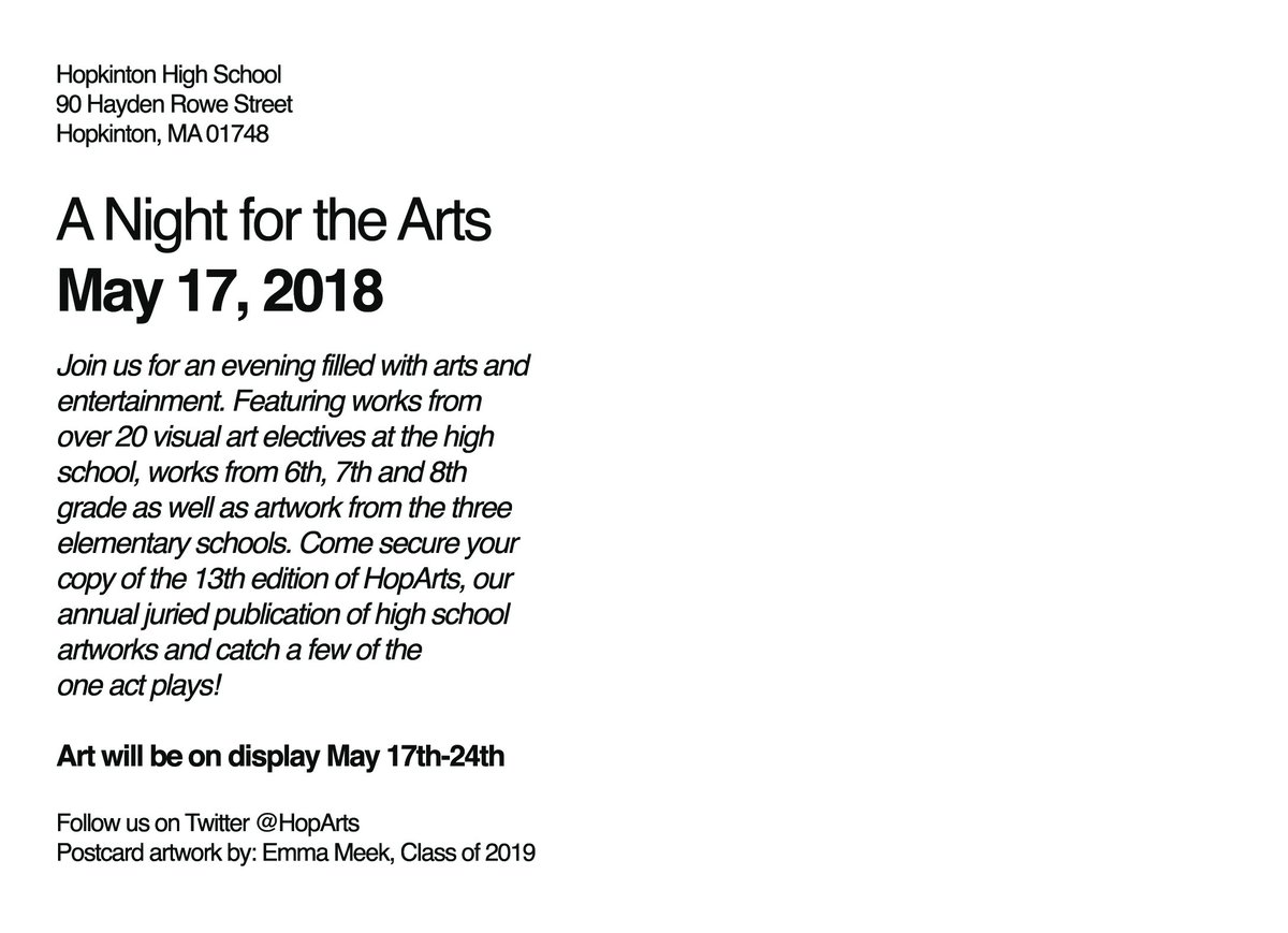 Save the Date! Annual Night for the Arts @HopkintonHS @HopkintonMiddle @HPSElmwood @HopkinsSchool @HPSCenter @HopkintonMA @HopkCulturalCou @metrowestdaily @JPhelps_MW @hcam #hillerpride #hopkinton @HopkinsArtRoom @CenterSchoolArt @cenos_enos @snorthw @ElmwoodArt