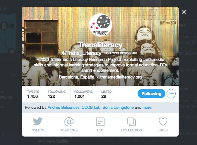 1,000 followers! Thanks for your support! #transmedialiteracy #Transliteracy2018 <a href="/Trans_Literacy/">Transliteracy</a> 
More info about the research > transmedialiteracy.org
Download FREE books and White Papers > repositori.upf.edu/handle/10230/3…