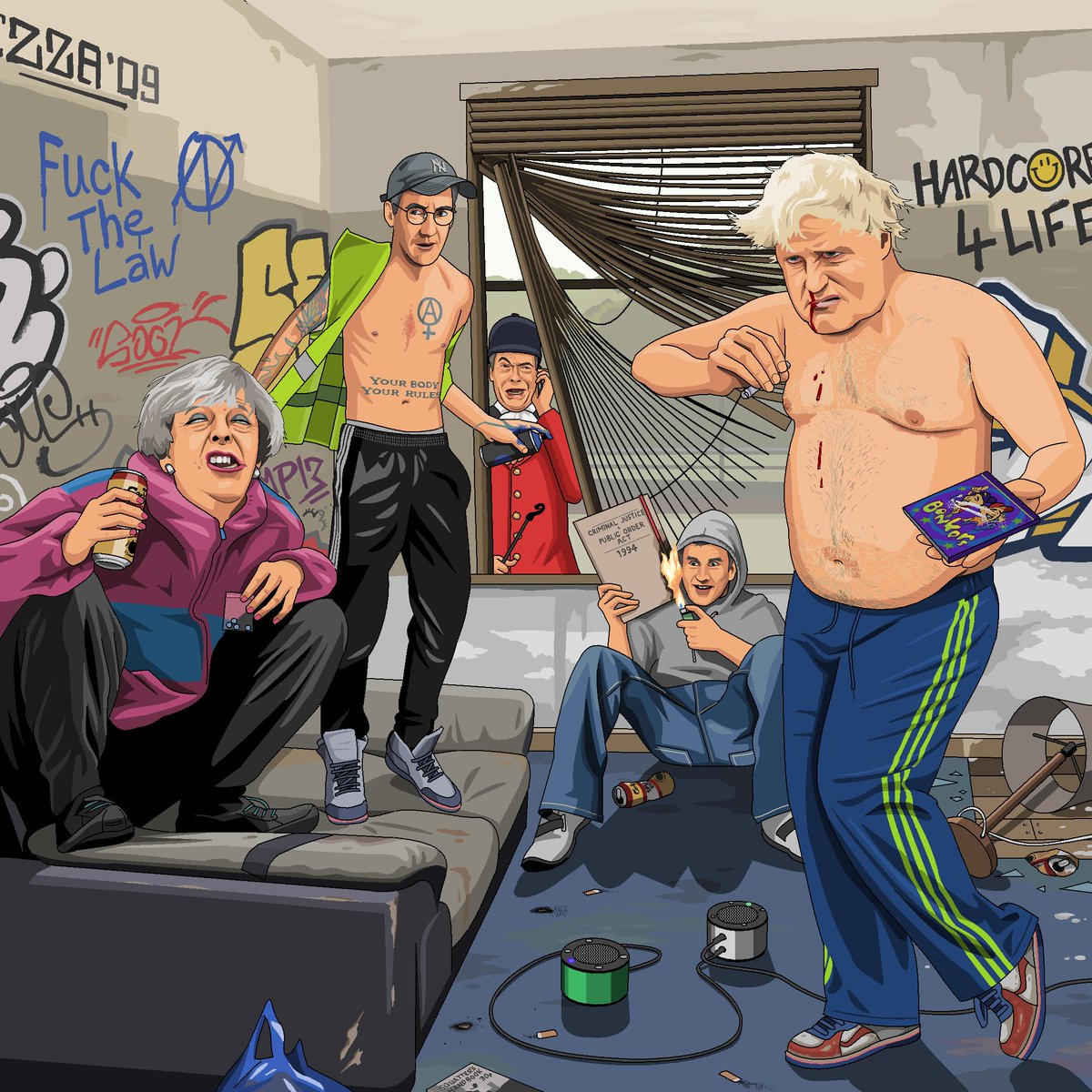 'Tory squat party. Boris has a nosebleed from snorting too much speed, May is drinking special brew and Hunt is burning the Criminal Justice Bill while Farage, in full hunting gear, is calling the police.' Requested by Matt Durstan Tilke