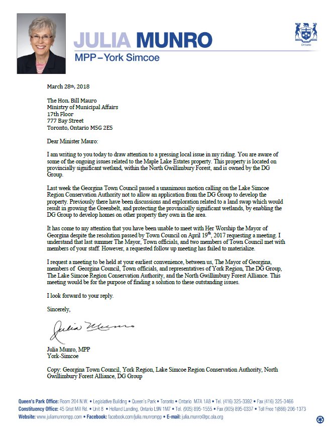 Today I sent the attached letter to <a href="/BillMauroMPP/">Bill Mauro</a> in regards to the ongoing issues related to the Maple Lake Estates property. #yorksimcoe