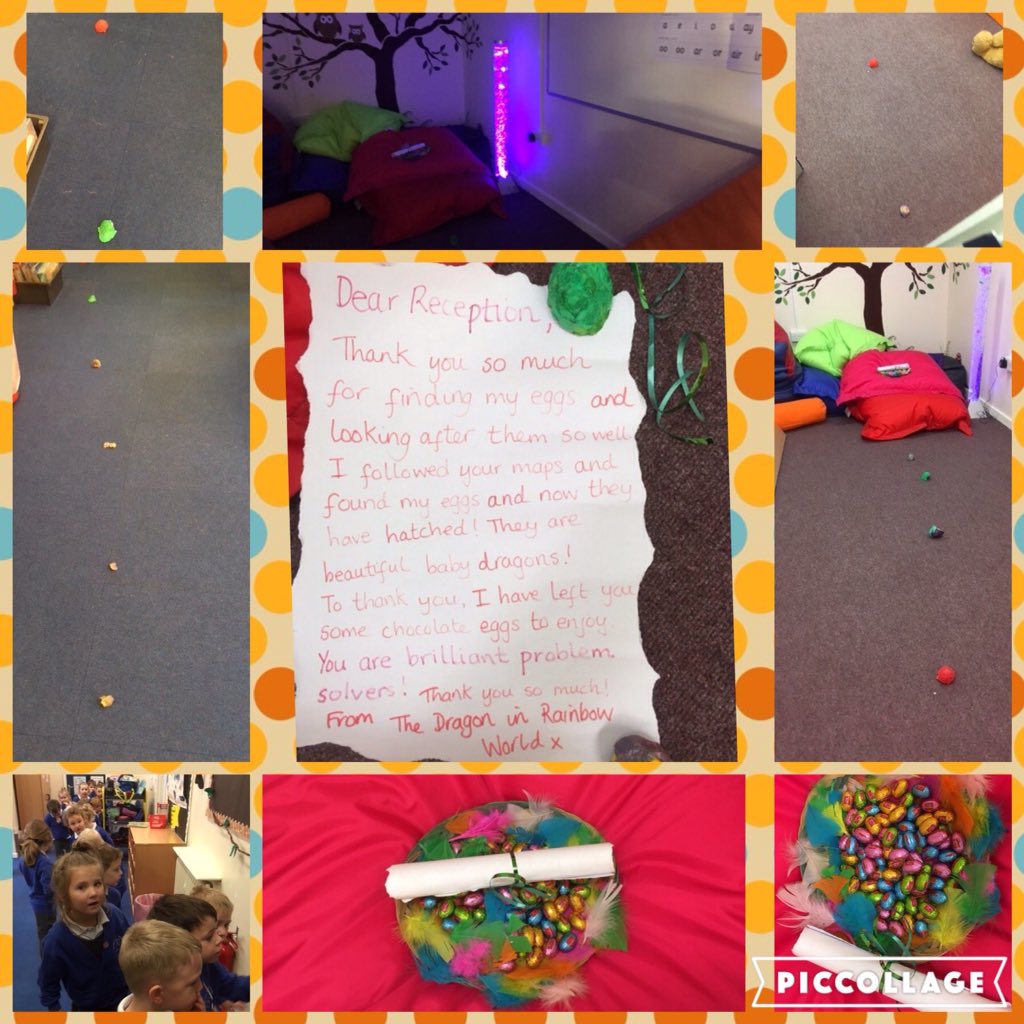 NishiBatra's tweet photo. After helping a dragon from Rainbow World find its eggs earlier this term &amp; looking after them, Reception @SpilsbyPrimary find the eggs have hatched! We follow egg shells to a note from the dragon &amp; a basketful of chocolate eggs as a thank you! #caringforcreatures #yummyrewards https://t.co/0NEDZy3z3w