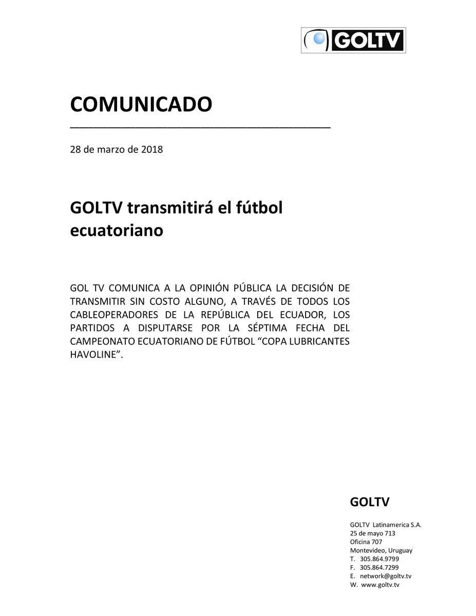 Comunicado GOLTV Ecuador