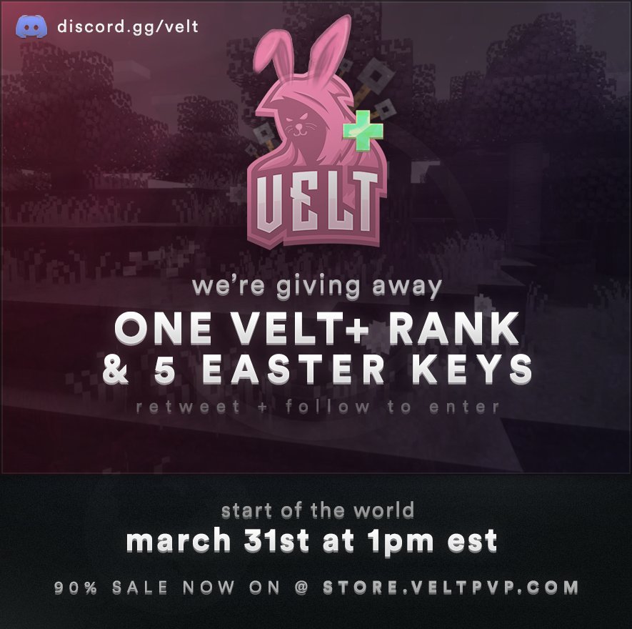 VeltPvP's tweet image. VeltPvP 5.0 Week 15 Giveaway. 🐰🥚
HCF Changes:
• Two new crates.
• Re-introducing Conquest.
• Change Log: veltpvp.com/forums/develop…
Retweet & Follow us for a chance to win a Velt+ rank and FIVE Easter Crate Keys! (NEW)
SOTW Info: veltpvp.com/forums/announc…