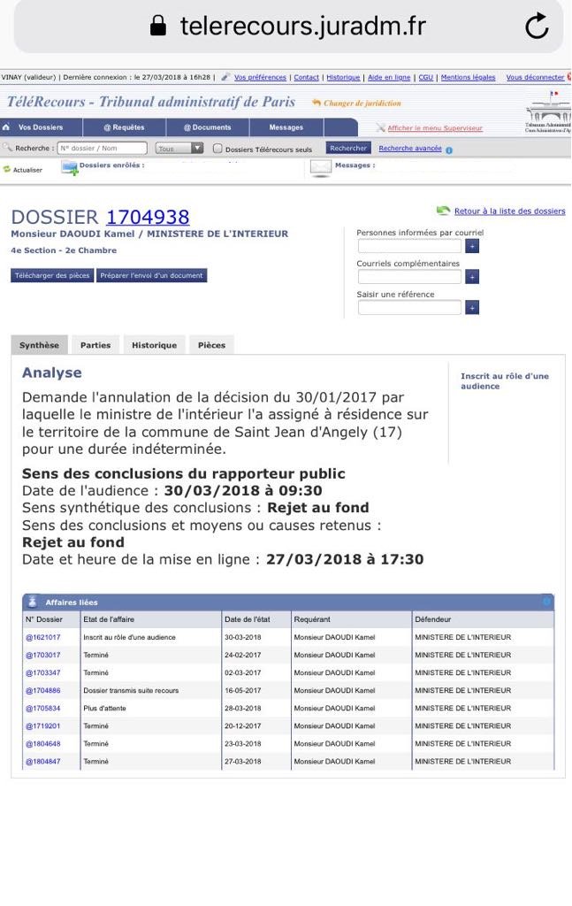 SentierBattant's tweet photo. ⚠ALERTE⚠La rapporteuse publique saisie du dossier pr lequel le #TAParis doit se prononcer vendredi #30mars2018 9h30 a adressé ses conclusions de REJET AU FOND. Elle indique au Tribunal de refuser ma demande d'annulation de mon #assignationAresidence perpétuelle #assigneAperpet https://t.co/GDbtLqnyqL
