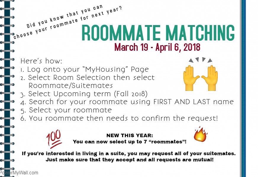 FredResLife's tweet image. Already filled out your housing application for living on campus next year? Have a friend you want to room with next year? Complete Roommate Matching by April 6th! 
🔥NEW THIS YEAR🔥You can pick roommates to fill all the rooms in an entire suite!