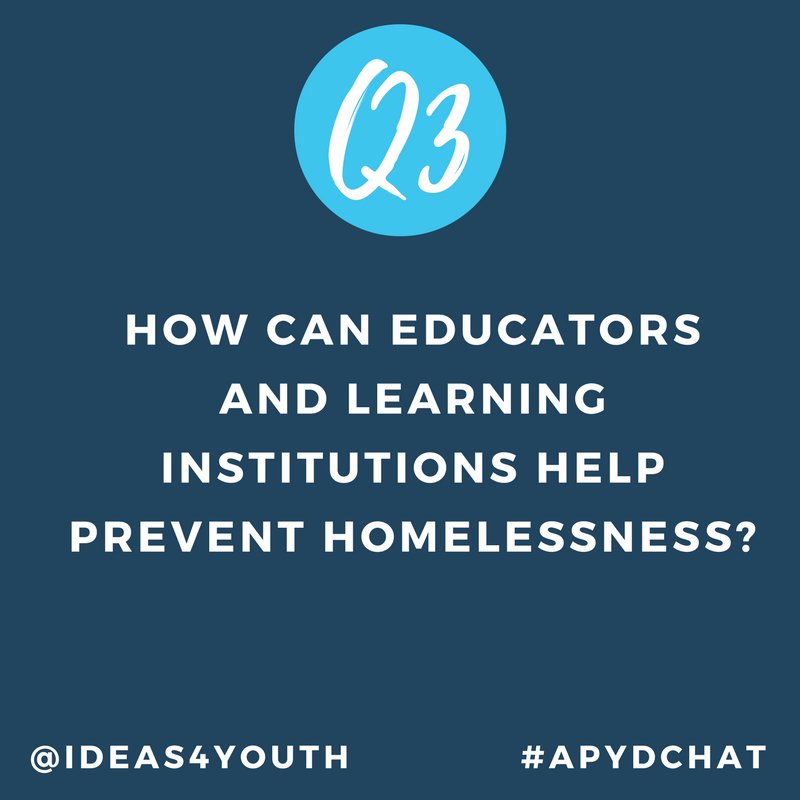 ideas4youth's tweet photo. Let's talk about prevention. Q3: How can #educators and learning institutions help prevent #homelessness? #APYDCHAT https://t.co/cP1tx5hvFm