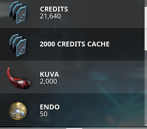 T_Quigles's tweet photo. @PlayWarframe Taken directly after an endless kuva mission with a booster. Seems i am missing some. https://t.co/COuB1VPZdq