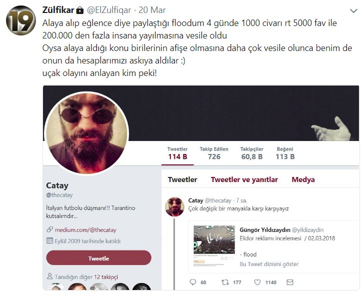 Bir gün sonra 04.03.18 de @thecatay adlı 60 bin takipçisi olan hesap bu floodu alaya alarak paylaştı
Flood 3 günde hızla yayıldı. Bu hesabın takipçi kitlesi aynı alay çizgisinde floodu alıntılayıp paylaştıkça düşündüğümden fazla kişiye mesajdaki uyarıcı bilgiler yayılmış oldu.