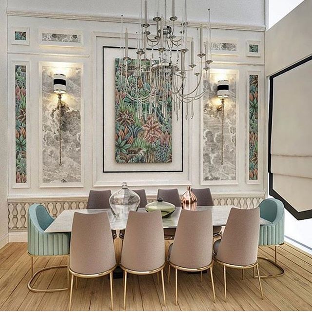 Why decide upon one wallpaper design if you really love two!?! Love the mixing of both @cole_and_son_wallpapers within the panelling in this dining space complimented by the exquisite selection of chairs that are also mixed up to spice up the design with… bit.ly/2EljbfT