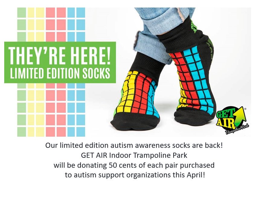 ChinookAutism's tweet photo. Stop by your local Get Air trampoline park and get these groovy socks for your jump! In #YQL they have a special hour every Saturday from 8-10am for those with disabilities! Always a fun time!
#CASYQL
#AutismAwareness https://t.co/4X6bG12SDS