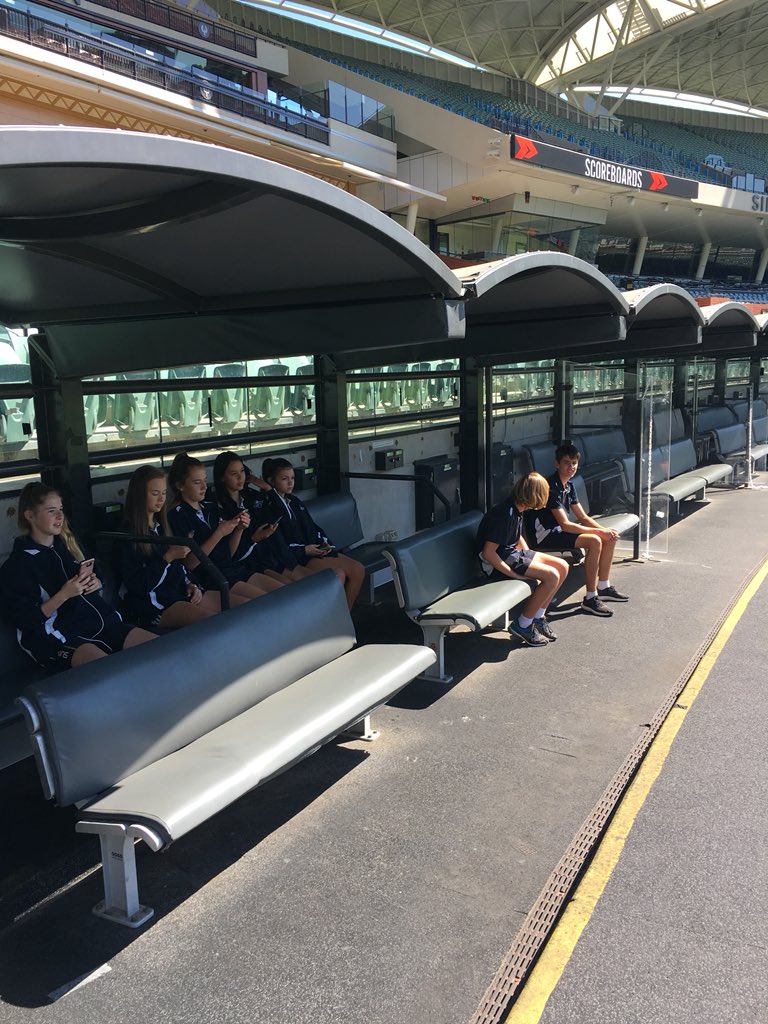 hfeno84's tweet photo. Checking it out for the future! Sitting on the football players interchange bench @WirreandaSS #WSSproud #history #adelaideoval #weflyasone #gocrows https://t.co/jzk3hNBblB