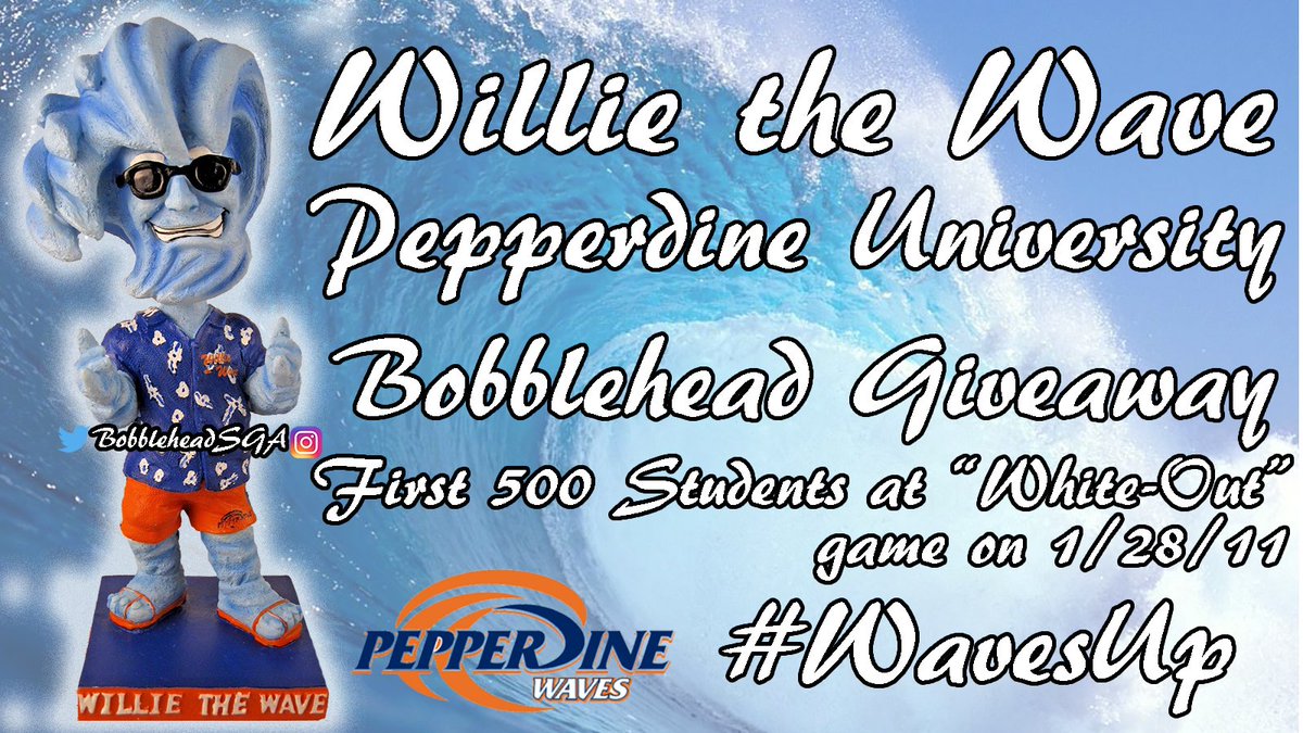 BobbleheadSGA's tweet photo. Willie the Wave from @Pepperdine might be most unusual mascot ever, initially appearing in print 1945.

Giveaway #Bobblehead for 500 students at 1/28/11 game in Malibu CA. #WavesUp #Purpose #mascotcollector #BobbleheadSGA @PepperdineWaves #PepperdineProud #MTVSpringBreak https://t.co/5syp744sRh