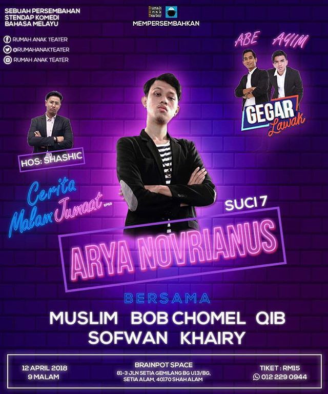 RumahAnakTeater's tweet photo. Persembahan #standupcomedy #CeritaMalamJumaat di Setia Alam Khamis 12 April 2018.
https://t.co/kiSBOCvYZ0
#stendap #lawak #komedi #comedy #comedian https://t.co/0FYOK1EC87 https://t.co/r96YJazmWY