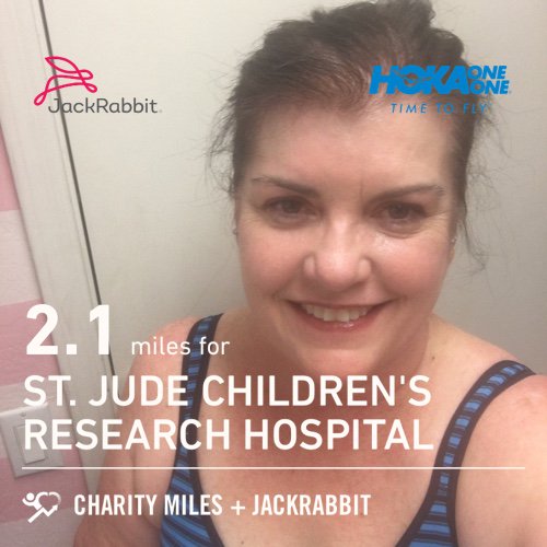ACShively's tweet photo. 2.1 @CharityMiles for @StJude. Thanks to @Jackrabbit &amp; @HOKAONEONE for sponsoring me. #timetofly #backtorunning https://t.co/54CAEDYdUS