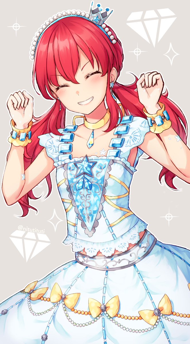 1girl solo red hair closed eyes twintails smile jewelry  illustration images
