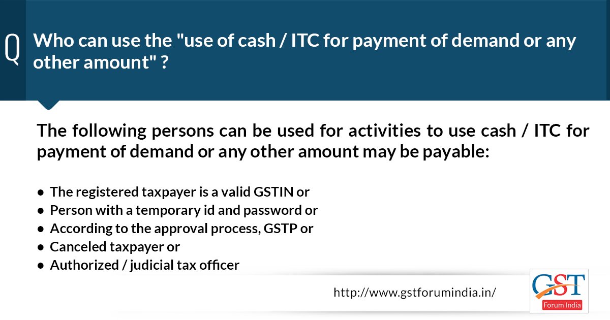 gst_discussion's tweet image. Which persons can use the Cash / ITC for payment of demands?
Read more Faqs: bit.ly/2qFGf7G
#gst #gstfaqs #ITC