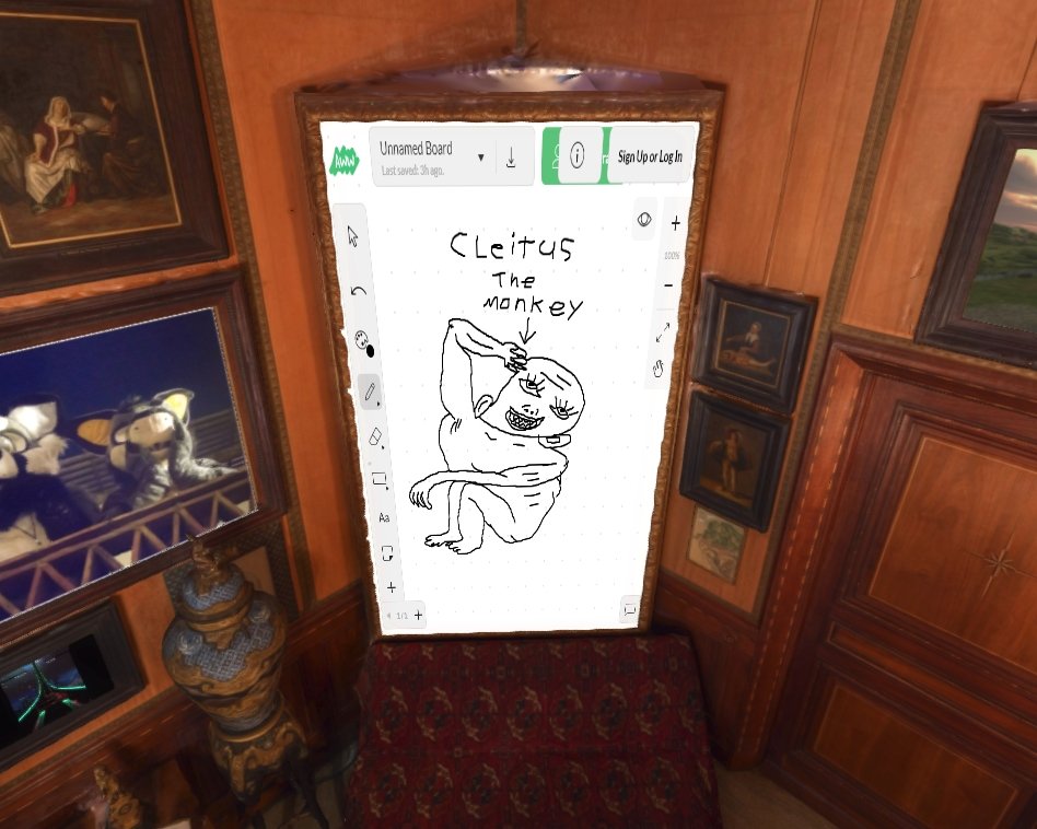 The_VR_Bar's tweet photo. I put a whiteboard in my new VR office and left it alone for a few hours, came back to find a lovely drawing left for me https://t.co/FnWLmyH5Uv #VR #JanusVR #metaverse #VirtualReality https://t.co/lr0EKZ19yO