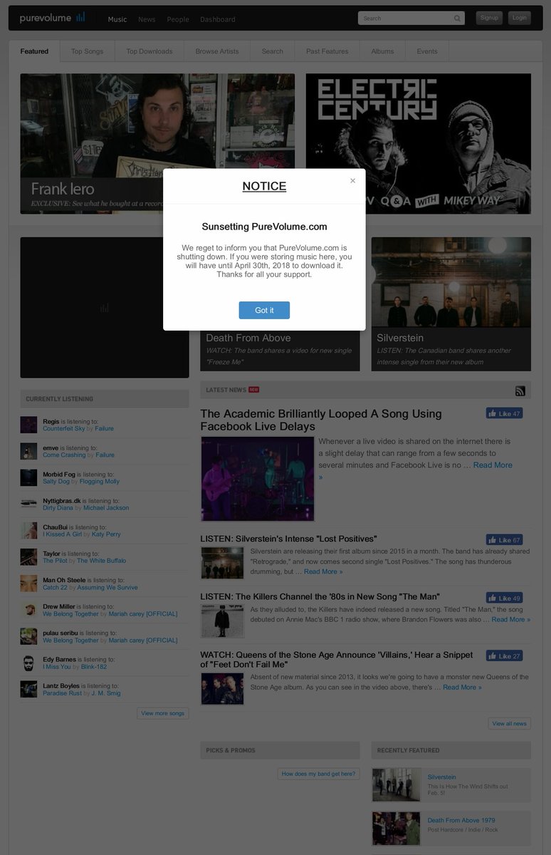 TheMikeMetal's tweet photo. Wow, @PureVolume is shutting down. And just like that, we lose another from a golden age of #music and social media... 😕 #PureVolume https://t.co/1Zxkc27pHC