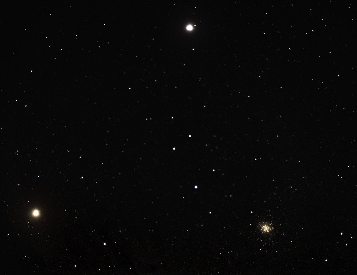 Mars and Saturn through the 80mm refractor.  A stack of 7x60s exposures at ISO800 with the Nikon D90.  The globular cluster is M22 in Sagittarius.  The little dot to the right of Saturn is Titan. #planetwatching