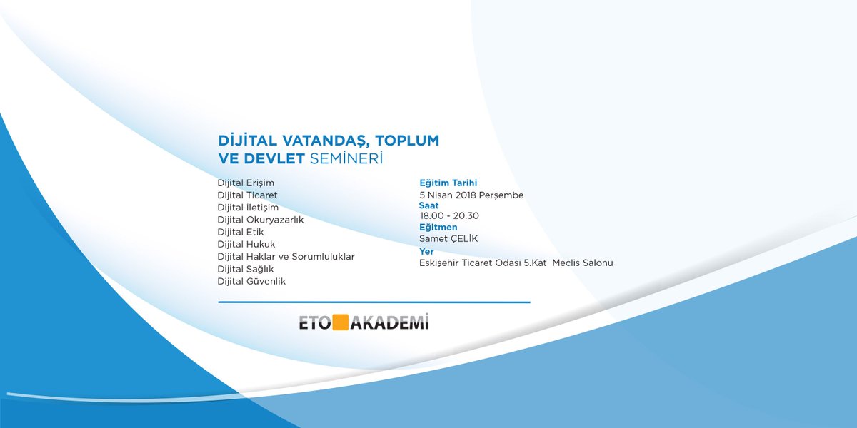 Dijital Vatandaş, Devlet ve Toplum Semineri bu akşam saat 18.00'da Eto'da. Bilgi ve kayıt: etonet.org.tr/akademi
 #EtoAkademi