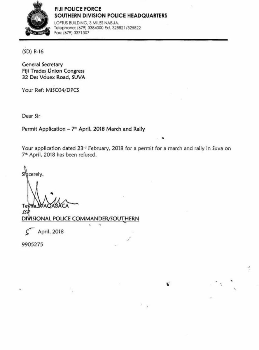 attarsinghmdf's tweet image. Suva march permit refused without explanation. Signs of  very worried authorities. We will not let the oppressed workers forget this act of gross violation of our right to freedom of assembly and expression. Time for trade union militancy.