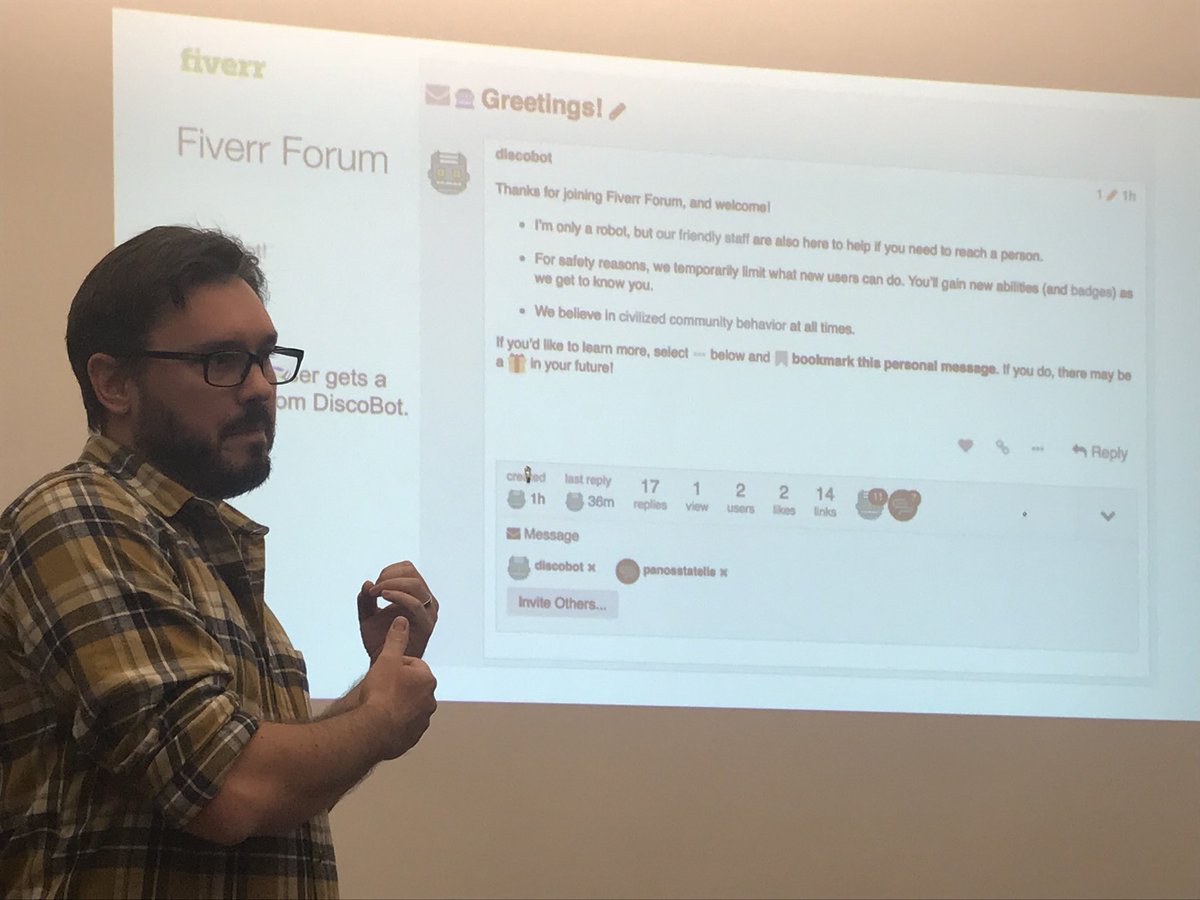 suzboop's tweet photo. When you sign on to the @fiverr forum, you are greeted by the #discobot - they use @discourse forums #OCTRIBE https://t.co/UHO0HYYhcW