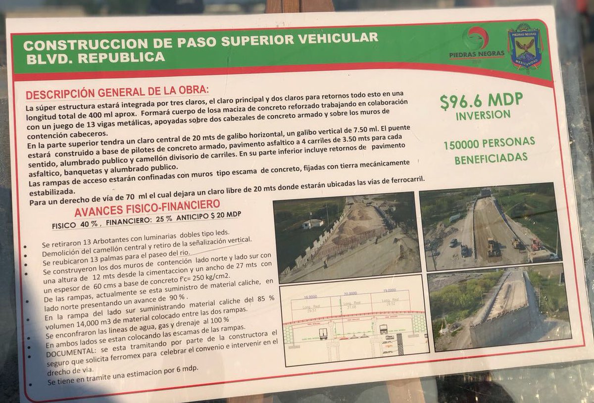 PelanchaC's tweet photo. También esta tarde estuvimos presentes en el avance de construcción del Puente Superior Vehicular del Blvd. República en #PiedrasNegras #EsperanzaEnElCongreso  @mrikelme @villarrealsonia https://t.co/dGK0qbeHAo