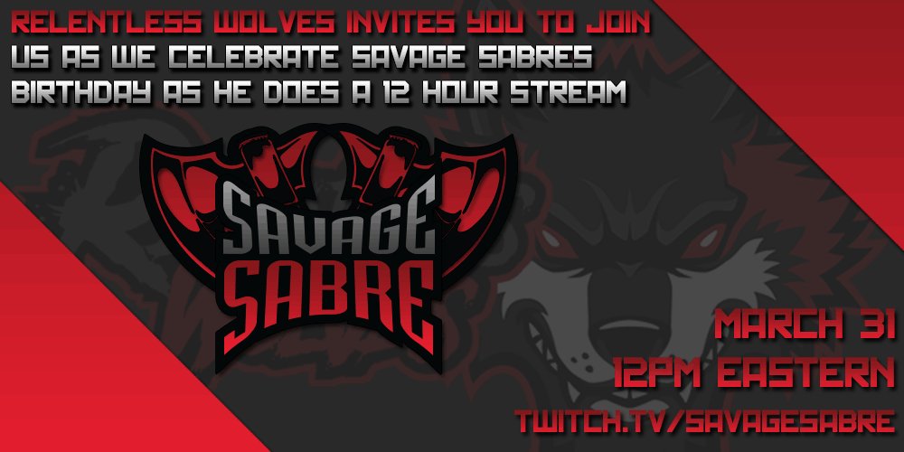 rewogaming's tweet photo. Our leader @SavageSabre  is turning 32 4/1/18.  He will be doing a 12 hour stream on March  31st to celebrate with April 1st being Easter!  #relentlesswolves

@Soulless_Havok @StoredDragon @TheEndeverance @theredflamefox  @GamerMaybs @Superdavex007 @RailWolfWarrior https://t.co/iKdBEcvdkj