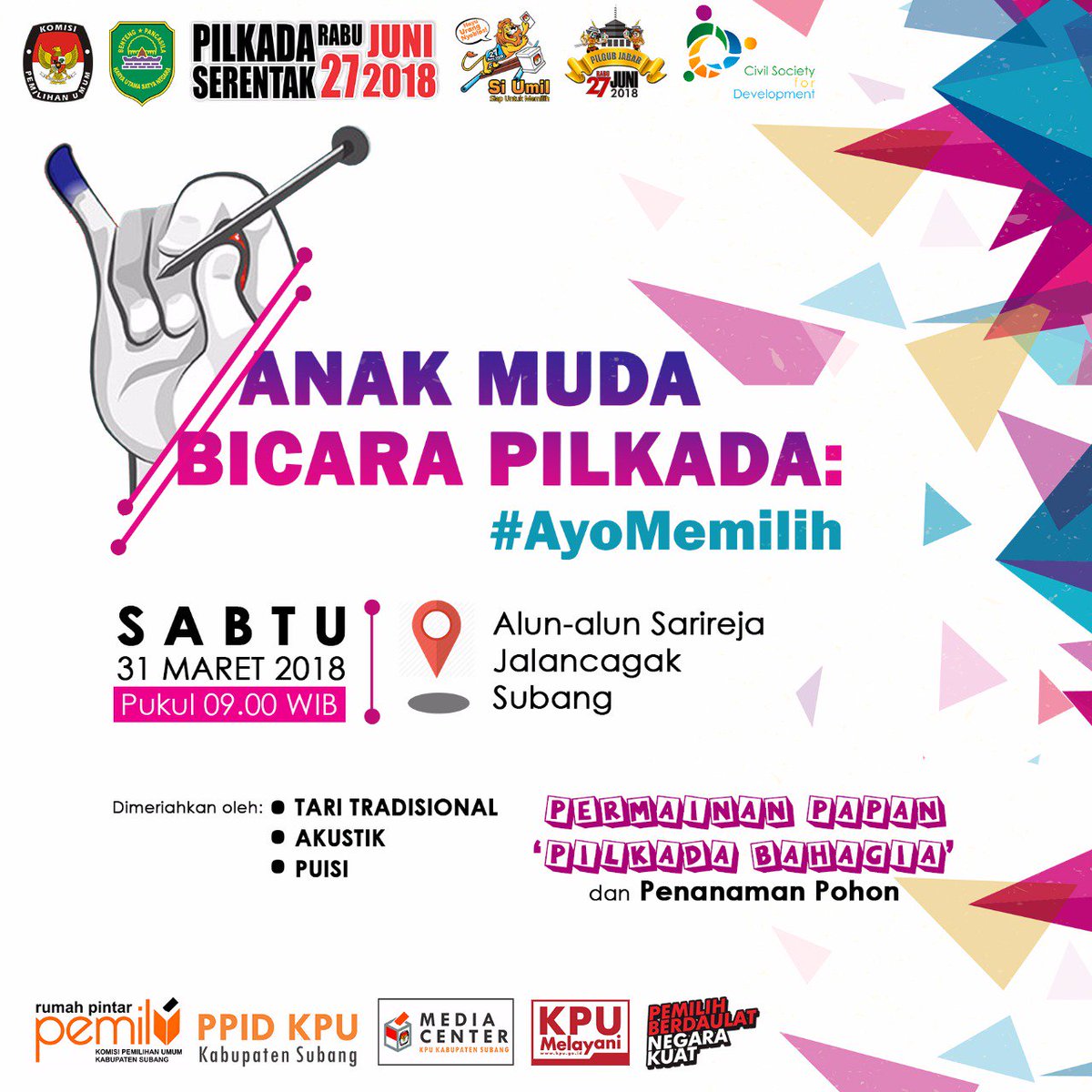 Agsos_subang's tweet photo. Yuk kita hadir diacara KPUD Subang, yang bertema "ANAK MUDA BICARA PILKADA"

Sabtu, 31 Maret 2018
Pukul 09.00 WIB
Di alun-alun jalan cagak subang. 

#KPUDsubang
#PilkadaSerentak2018 https://t.co/XABv1pKTS8