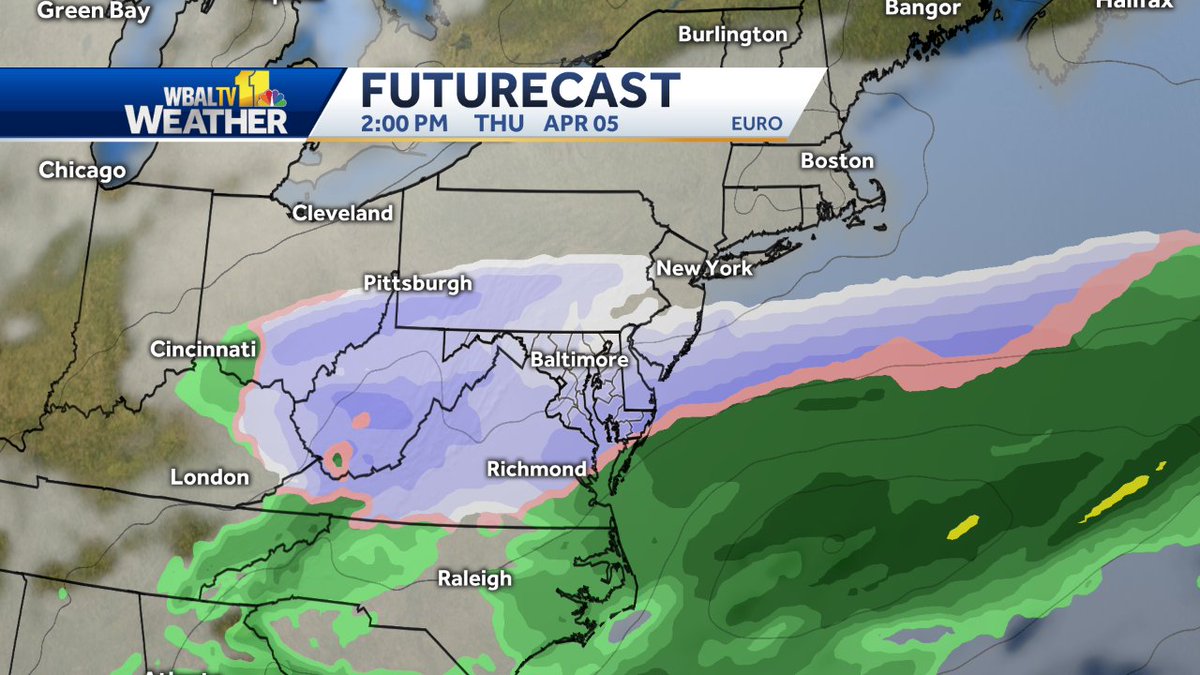 ttasselWBAL's tweet photo. Enjoy tomorrow's warm-up; Euro shows two rounds of winter weather possible in the first week of April. #YearWithoutASpring #MdWx #snow https://t.co/XMTOGXyBeB
