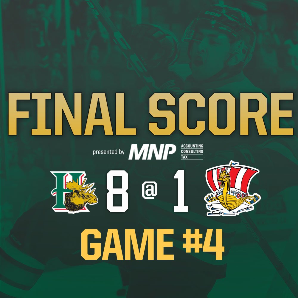 HFXMooseheads's tweet photo. Put it in the books! Moose win big and take a 3-1 stranglehold in the series vs Baie-Comeau. #GoMooseGo #OneMind https://t.co/CmG7rzhTuI