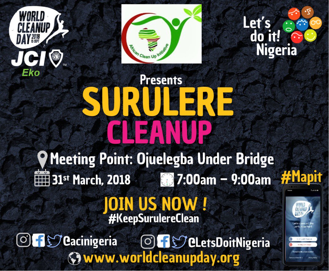OlaitanOlakanmi's tweet photo. Join us in #KeepSurulereClean this coming Saturday on the 31st March 2018. Feel & Be #responsible to your #environment https://t.co/I4mmMPEyZa