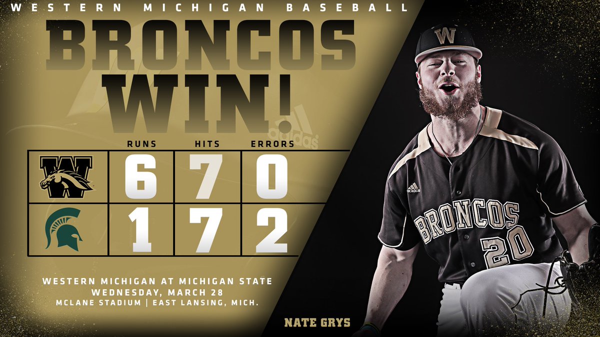 WMUBaseball's tweet photo. BRONCOS WIN! BRONCOS WIN! 
B1G Victory as WMU downs Michigan State in East Lansing for the second year in a row!  
#WeWillReign #Team108 https://t.co/BY4lnm3EOs