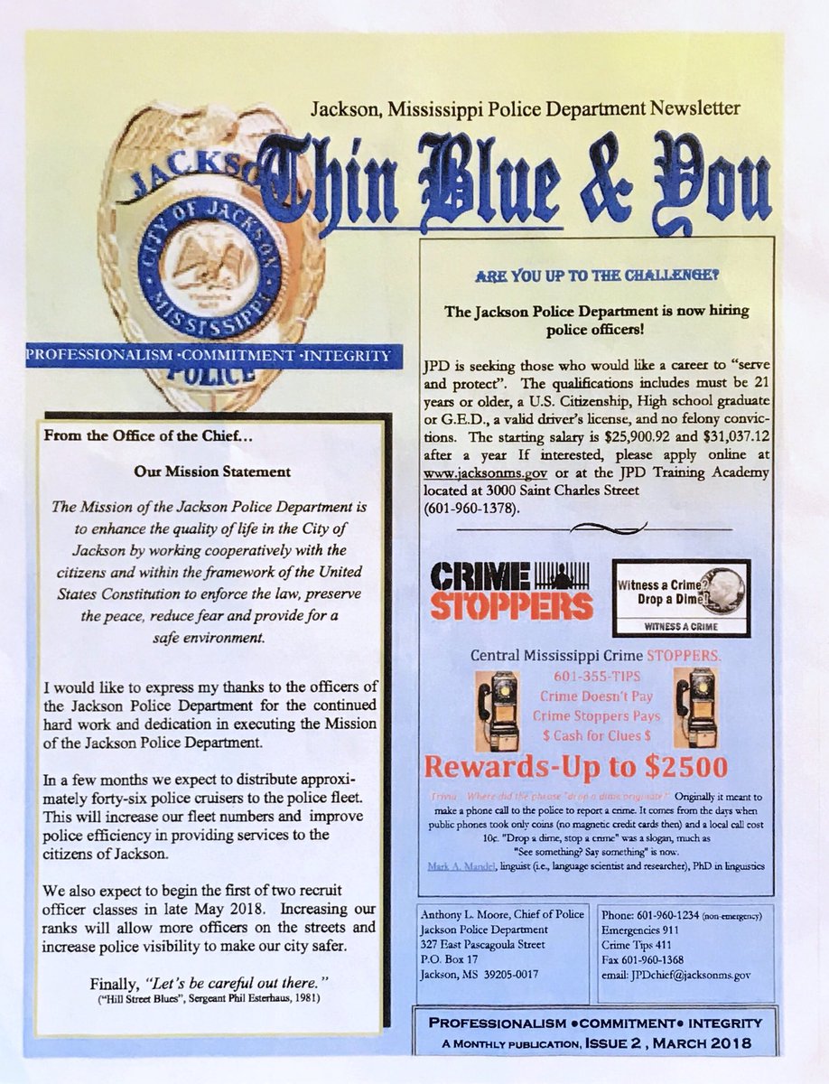 JacksonMSPolice's tweet photo. HOT OFF THE PRESS: “Thin Blue & You” - The Jackson Police Department Newsletter, March 2018 Issue. #JPD #ThinBlueYouNewsletter #YourJPD #PublicAndPolice https://t.co/Iu86eVMzTf