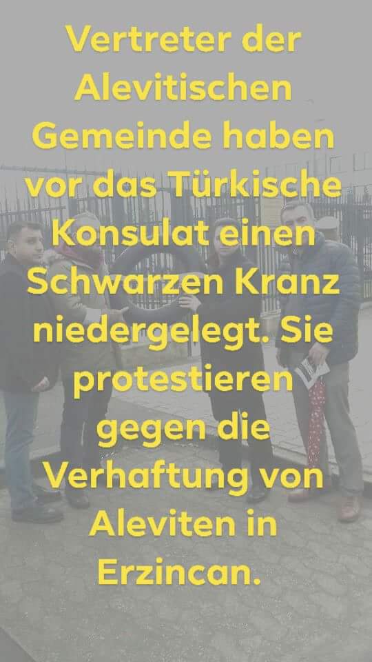 Vertreter der <a href="/AABFde/">AABF Deutschland</a> haben aus Protest SCHWARZEN KRANZ vor das Türkische Konsulat in #Düsseldorf gelegt. 

Grund: In d türkischen Stadt #Erzincan wurden 16 Mitglieder der  #alevitischen Gemeinde verhaftet. Werden eingeschüchtert &amp; massiv daran gehindert, ihren Glauben auszuleben