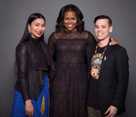 fsinations's tweet photo. New FSIN Youth Reps Rollin Baldhead and Darian Lonechild and former FSIN Youth Reps Andre Bear and Cheyenne Fineday with former First Lady of the United States @MichelleObama https://t.co/C01KObiWKL