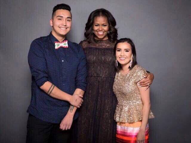 fsinations's tweet photo. New FSIN Youth Reps Rollin Baldhead and Darian Lonechild and former FSIN Youth Reps Andre Bear and Cheyenne Fineday with former First Lady of the United States @MichelleObama https://t.co/C01KObiWKL
